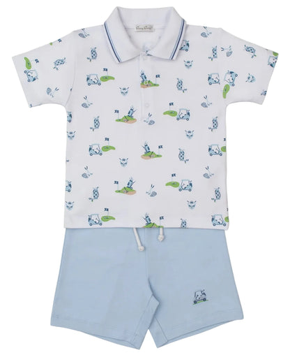 The Boys' Golf Championship Blue Toddler Bermuda Set by Kissy Kissy features a short-sleeved polo with cartoon animal golf print, blue collar trim, and light blue drawstring shorts—a charming outfit for toddlers.