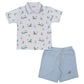 The Kissy Kissy Boys' Golf Championship Blue Toddler Bermuda Set includes a golf print polo shirt and comfy light blue bermuda shorts—perfect for active toddlers.