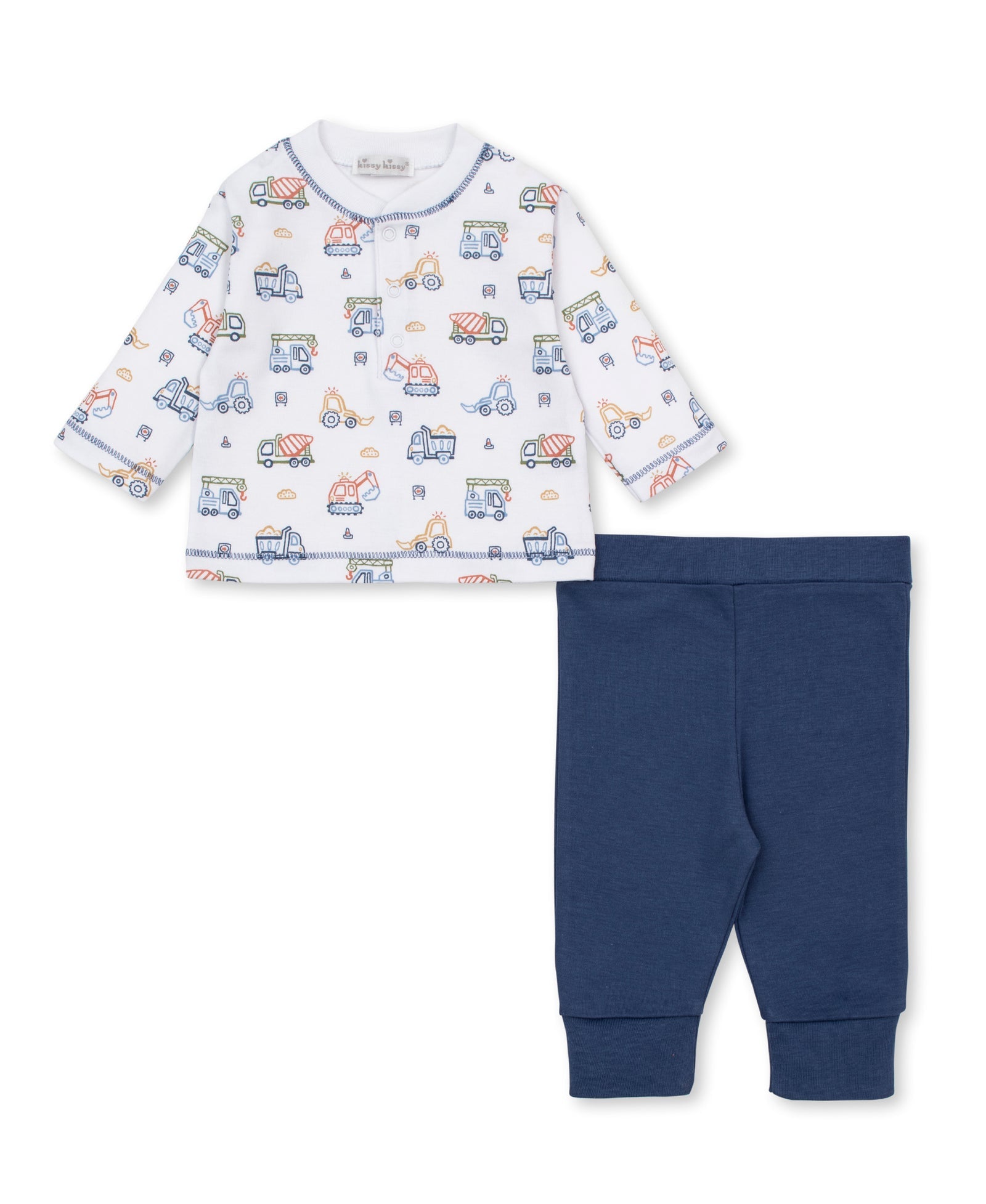 Dress your little one in the Kissy Kissy Baby Boys’ Construction Demo Pant Set, featuring a long-sleeve top with a vibrant construction print and matching solid blue elastic-waist pants.