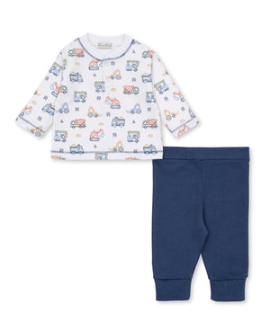 Dress your little one in the Kissy Kissy Baby Boys’ Construction Demo Pant Set, featuring a long-sleeve top with a vibrant construction print and matching solid blue elastic-waist pants.