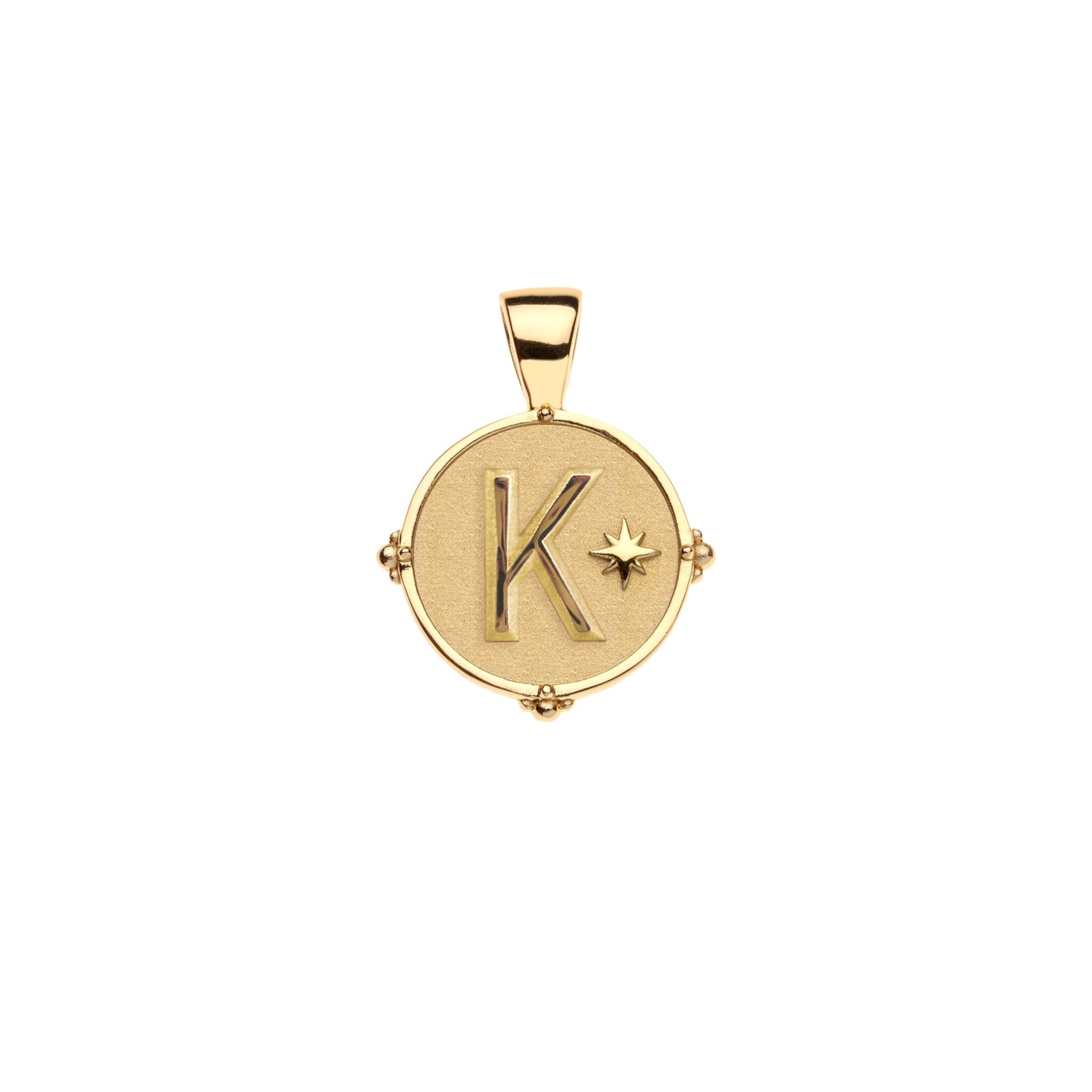 The Jane Win Letter Pendant Satellite Necklace Collection features a textured 14k gold pendant with a raised "K" and star, perfectly paired with a beaded satellite chain.