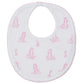 The Kissy Kissy Giraffe Grace Bib features soft Pima cotton with light pink giraffe prints and a snap neck closure, making mealtime easy and stylish for your baby.