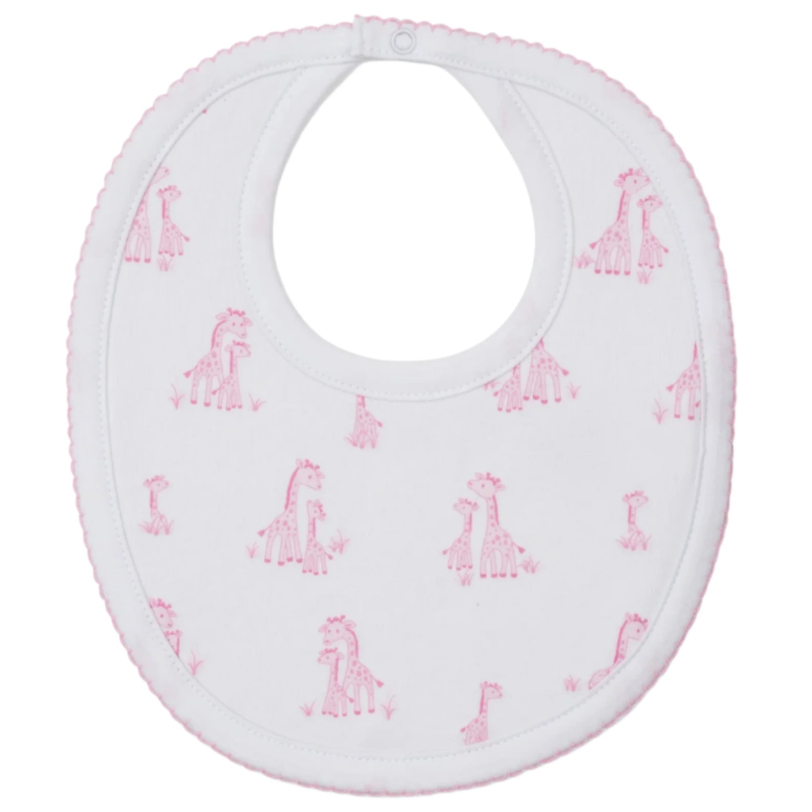 The Kissy Kissy Giraffe Grace Bib features soft Pima cotton with light pink giraffe prints and a snap neck closure, making mealtime easy and stylish for your baby.