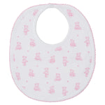 The Kissy Kissy Teddy Bear Time Printed Bib is a white Pima cotton bib with pink trim, adorned with adorable pink teddy bears and tiny flowers—ideal for baby mealtime.