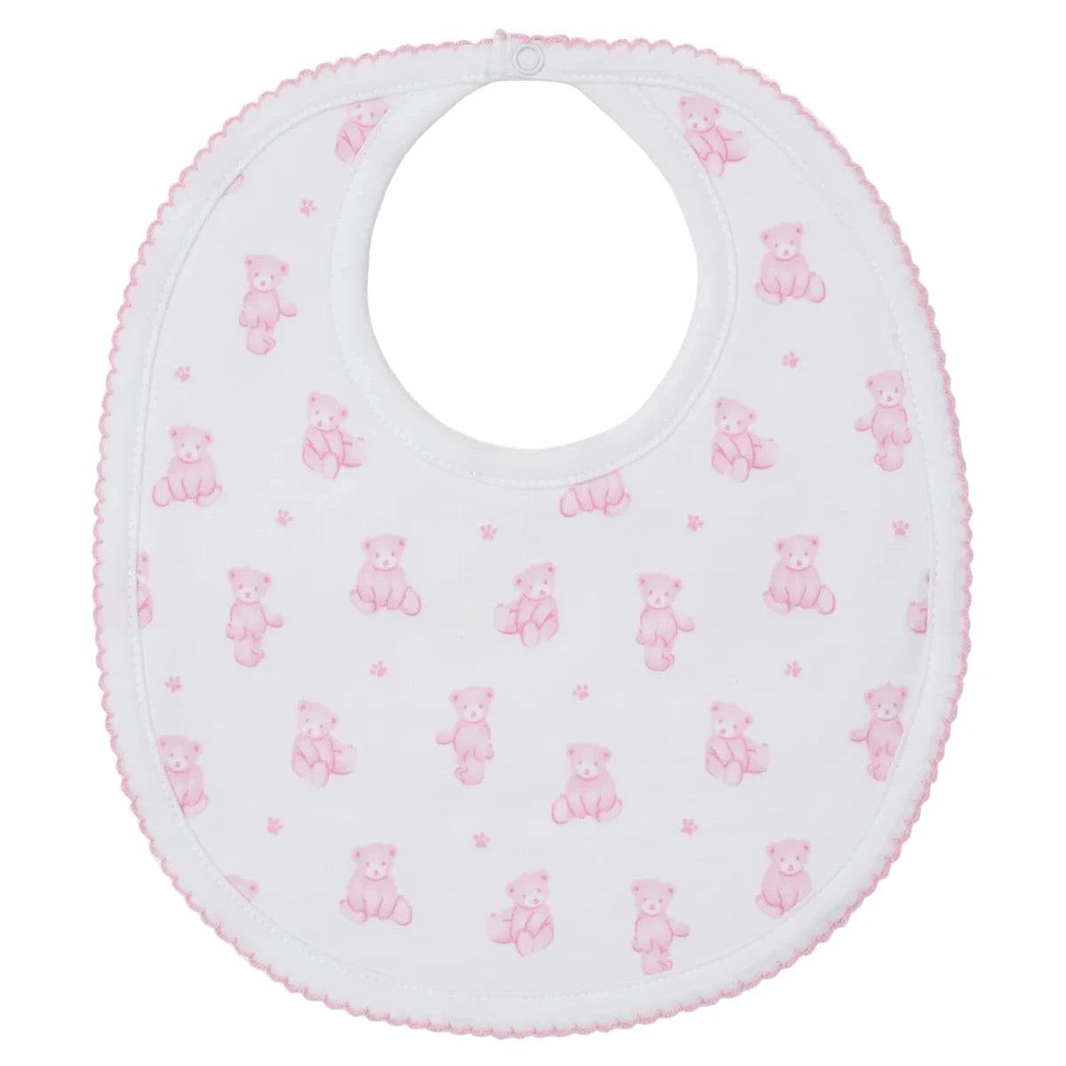 The Kissy Kissy Teddy Bear Time Printed Bib is a white Pima cotton bib with pink trim, adorned with adorable pink teddy bears and tiny flowers—ideal for baby mealtime.
