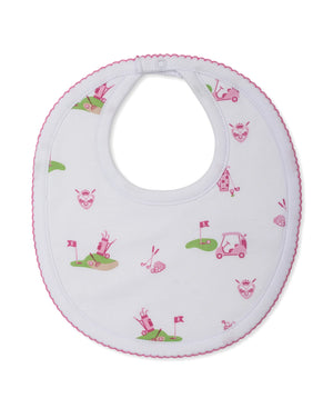 The Kissy Kissy Golf Championship Prt. Bib features soft Pima cotton, pink trim, and a playful golf print with pink and green carts, clubs, and flags—perfect for little golf fans.