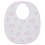 The Kissy Kissy Springtime Bunny Fun Bib features adorable rabbits and trees with a pink trim, crafted from soft Pima cotton for comfort and style.