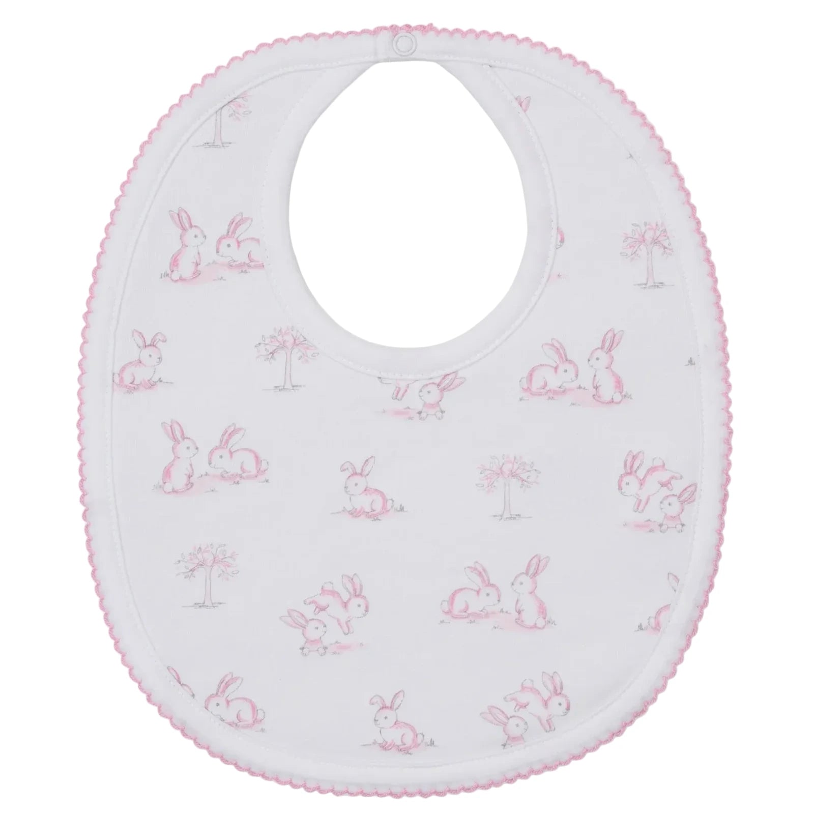 The Kissy Kissy Springtime Bunny Fun Bib features adorable rabbits and trees with a pink trim, crafted from soft Pima cotton for comfort and style.
