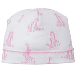 The Giraffe Grace Hat by Kissy Kissy is a white Pima cotton baby hat featuring pink giraffe prints and pretty pink stitching along the bottom.