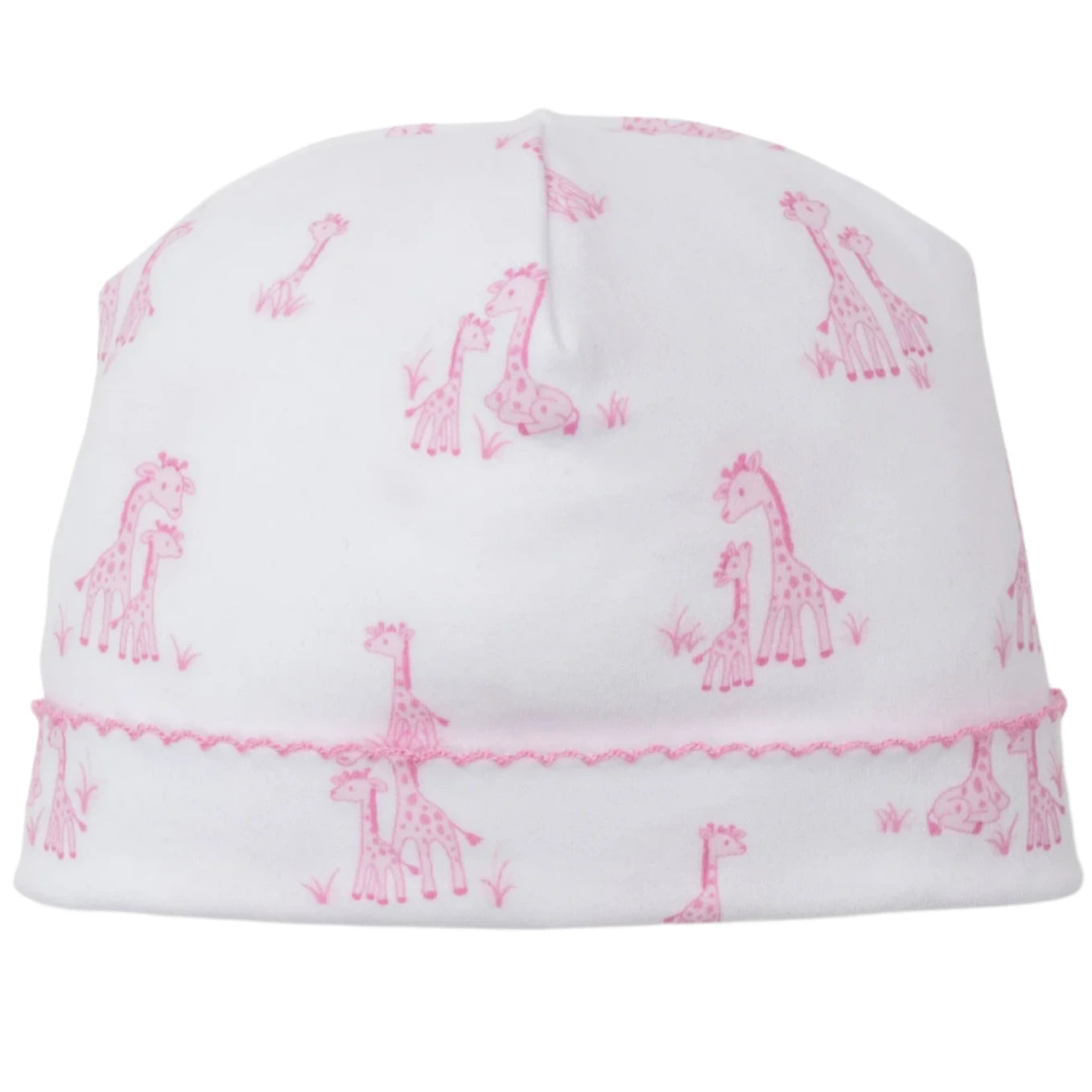 The Giraffe Grace Hat by Kissy Kissy is a white Pima cotton baby hat featuring pink giraffe prints and pretty pink stitching along the bottom.
