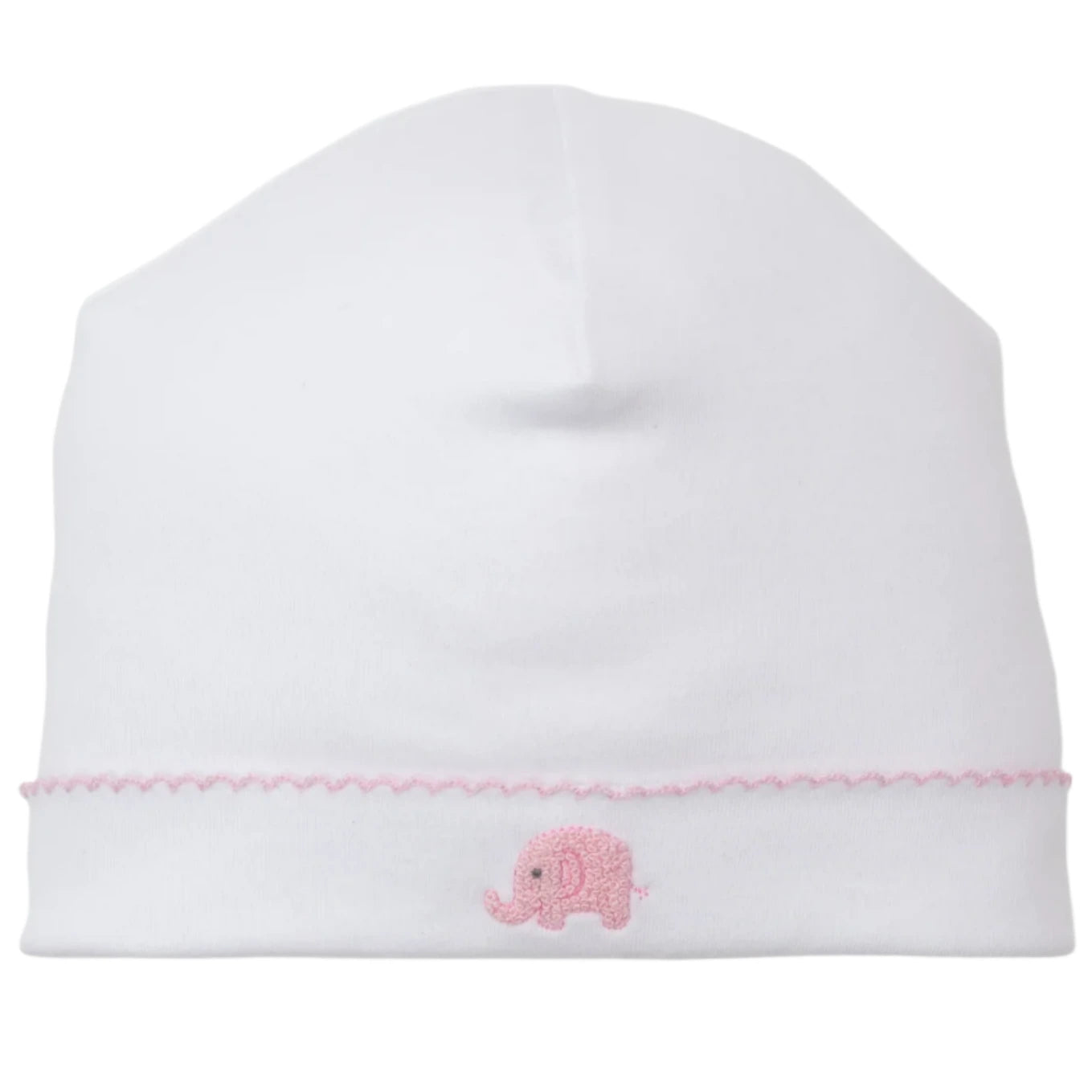 The Kissy Kissy Safari Wild Hand Emb. Hat is a white baby hat crafted from soft Peruvian cotton, adorned with pink stitching and a hand-embroidered pink elephant on the front.