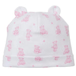 The Kissy Kissy Teddy Bear Time Novelty Printed Hat is made from soft Pima cotton, featuring small pink teddy bear prints and two rounded fabric ears on top.