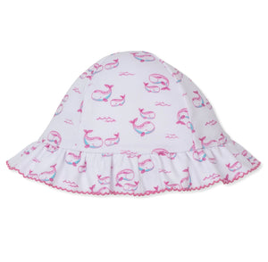 Introducing the Baby Girls' Whale Pods Floppy Hat from Kissy Kissy, crafted from white Pima cotton and adorned with a playful pink and blue whale pods print, charming ruffled edge, and delicate pink stitching detail.