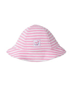 The Whale Pods Terry Striped Sunhat by Kissy Kissy is a pink and white striped bucket hat, crafted from soft Pima cotton and featuring an embroidered whale patch on the front center.