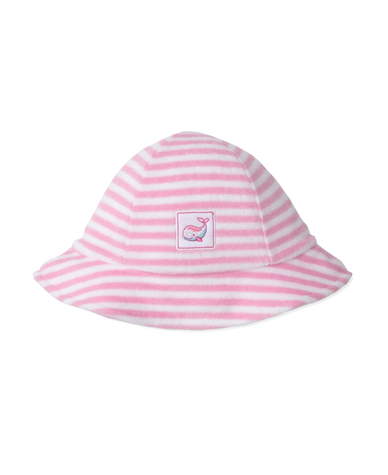 The Whale Pods Terry Striped Sunhat by Kissy Kissy is a pink and white striped bucket hat, crafted from soft Pima cotton and featuring an embroidered whale patch on the front center.