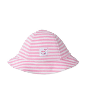 The Whale Pods Terry Striped Sunhat by Kissy Kissy is a pink and white striped bucket hat, crafted from soft Pima cotton and featuring an embroidered whale patch on the front center.