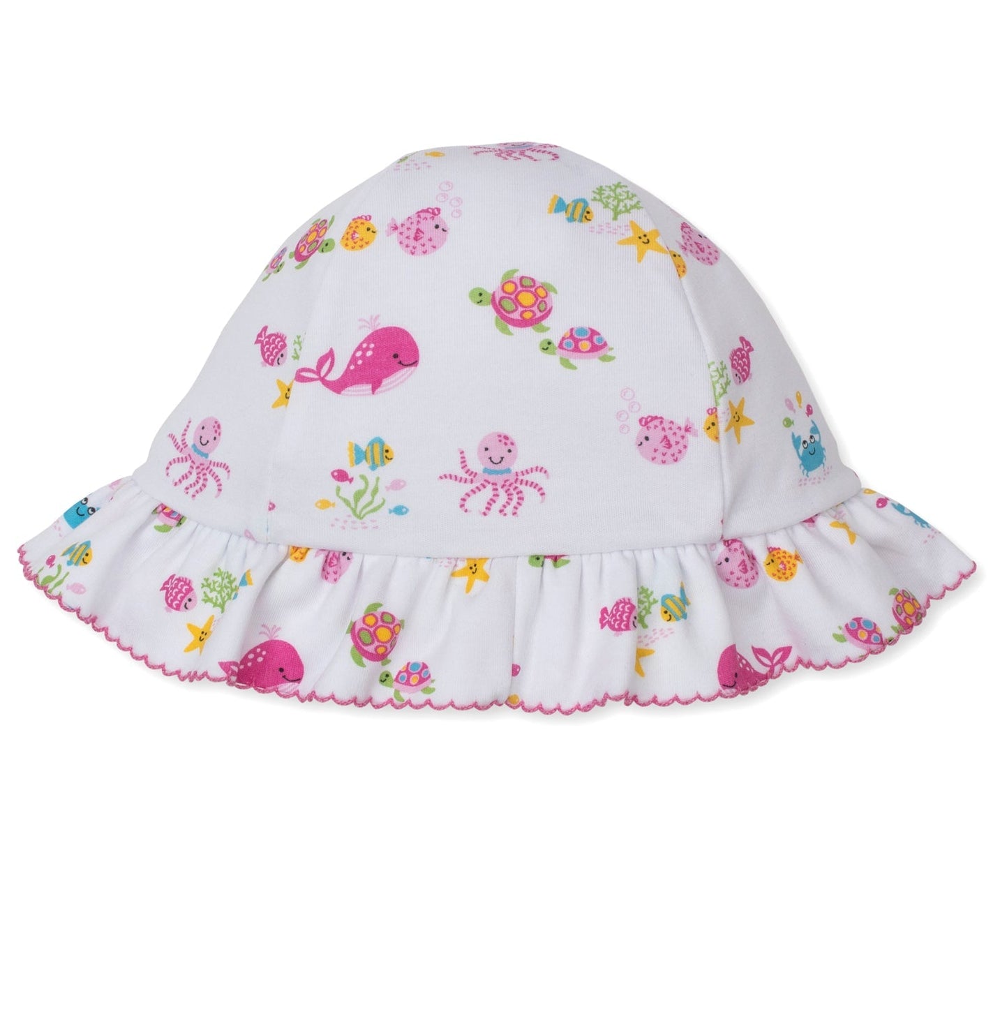 The Ocean Antics Printed Floppy Hat by Kissy Kissy is a white ruffled baby sunhat crafted from soft Pima cotton, adorned with playful prints of whales, turtles, octopuses, and fish—perfect for summer ocean adventures.