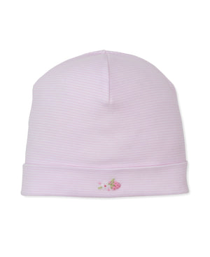 The Baby Girls’ CLB Summer Medley Striped Hat by Kissy Kissy is a light pink ribbed Pima cotton baby hat with a folded brim, featuring hand embroidered strawberries and flower detail on the front center—part of the delightful CLB Summer Medley 26 collection.