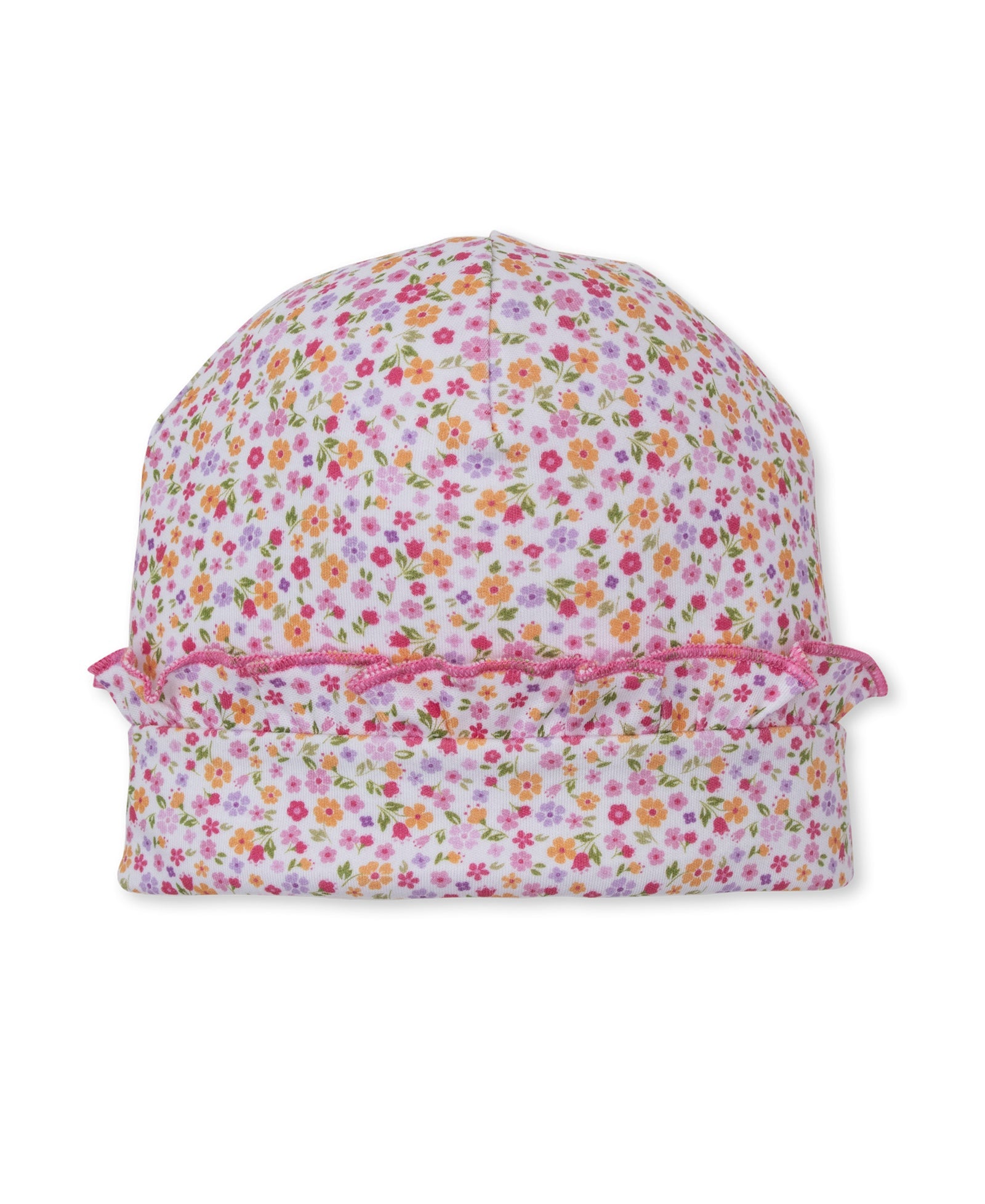 The Baby Girls’ Blossom Bows Ruffle Hat by Kissy Kissy is crafted from soft Pima cotton and features a delicate pink, orange, and green floral print with a charming pink ruffle trim, displayed on a white background.