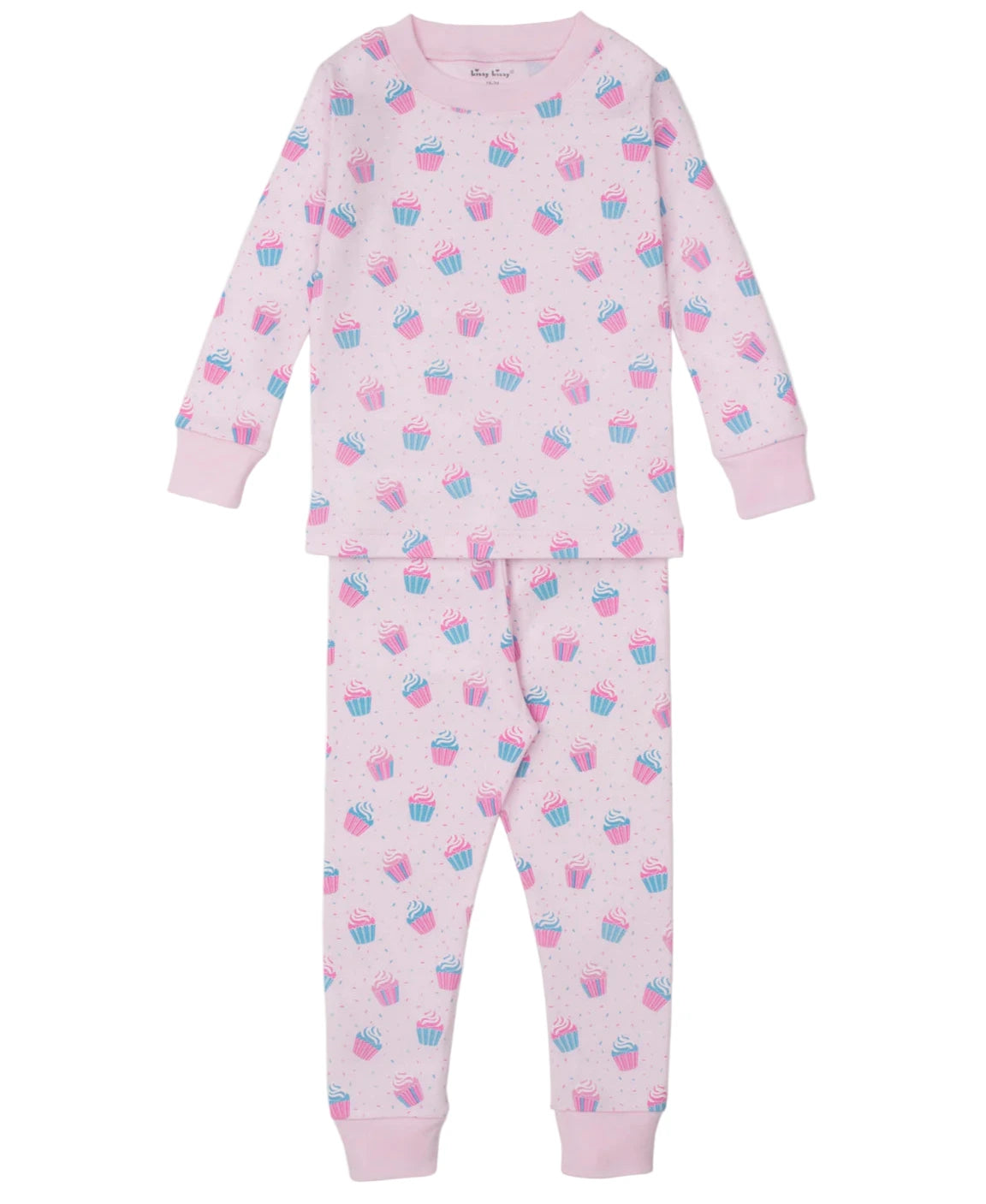 The Kissy Kissy Baby Girls' and Girls' Cupcake Party Pajama Set is a soft pink long-sleeve Pima cotton set, featuring playful cupcake and sprinkle patterns, displayed flat on a white background.