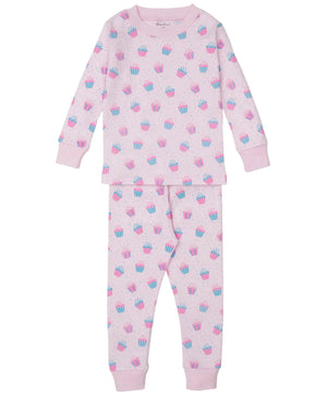 The Kissy Kissy Baby Girls' and Girls' Cupcake Party Pajama Set is a soft pink long-sleeve Pima cotton set, featuring playful cupcake and sprinkle patterns, displayed flat on a white background.