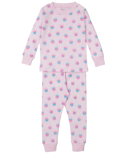The Kissy Kissy Baby Girls' and Girls' Cupcake Party Pajama Set is a soft pink long-sleeve Pima cotton set, featuring playful cupcake and sprinkle patterns, displayed flat on a white background.