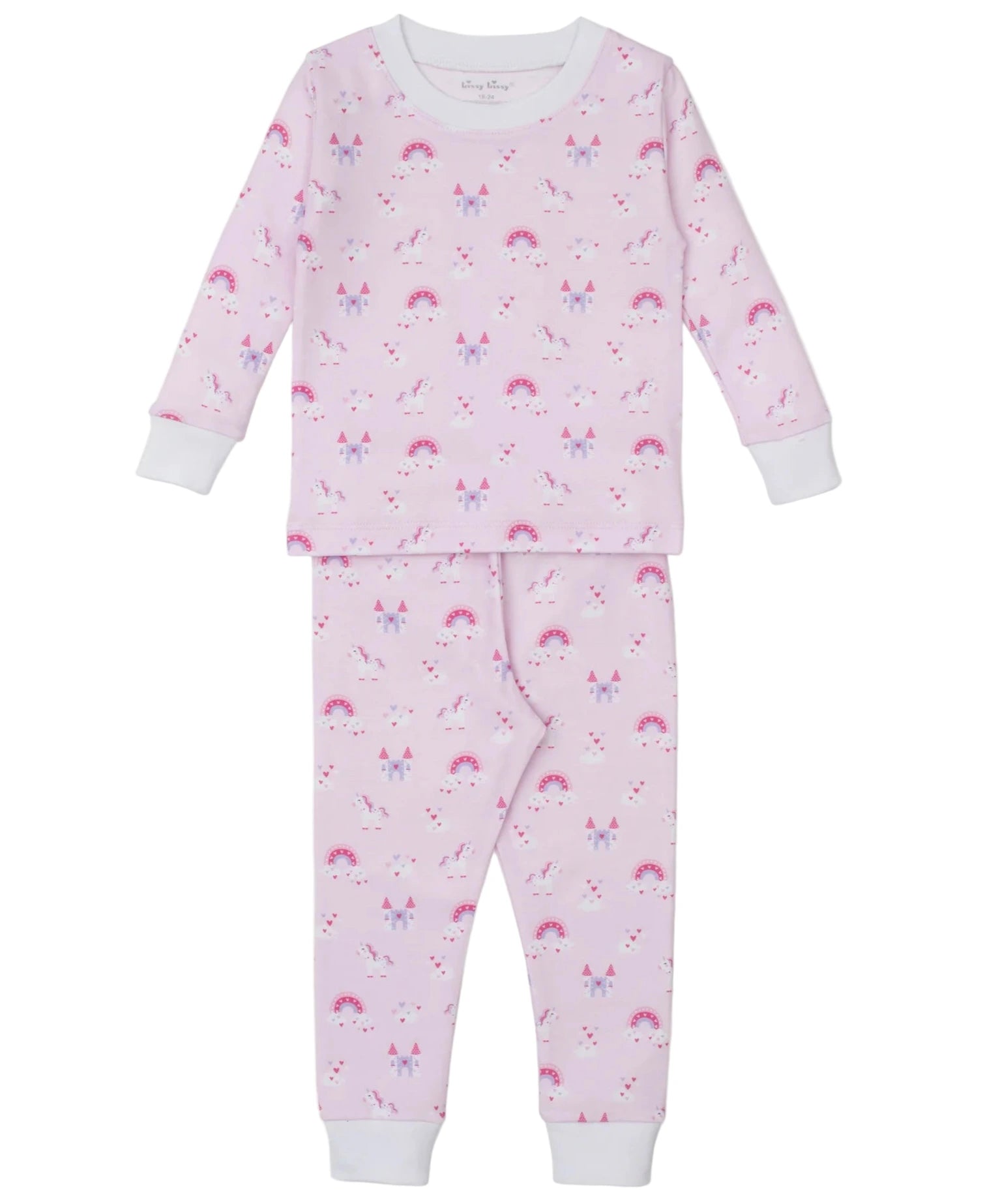 The Kissy Kissy Baby Girls' and Girls' Unicorn Dreamland Printed Pajama Set features pink long-sleeve and pant sleepwear with white cuffs and a whimsical print of rainbows, stars, and unicorn faces—perfect for magical bedtime adventures.