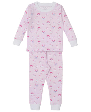 The Kissy Kissy Baby Girls' and Girls' Unicorn Dreamland Printed Pajama Set features pink long-sleeve and pant sleepwear with white cuffs and a whimsical print of rainbows, stars, and unicorn faces—perfect for magical bedtime adventures.