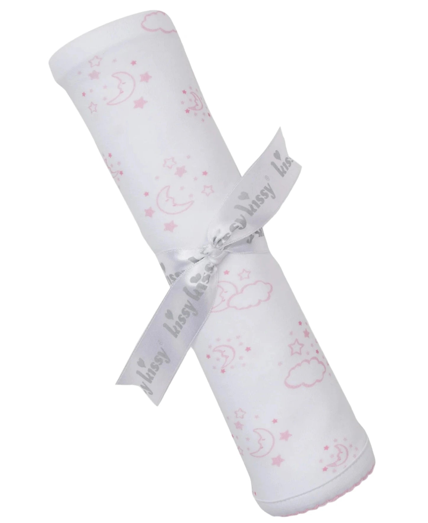The Kissy Kissy Cheerful Good Night Printed Blanket features pink clouds, moons, and stars on white Pima cotton. This cozy baby blanket is rolled up and tied with a gray "Kissy Kissy" ribbon for your little one's comfort.