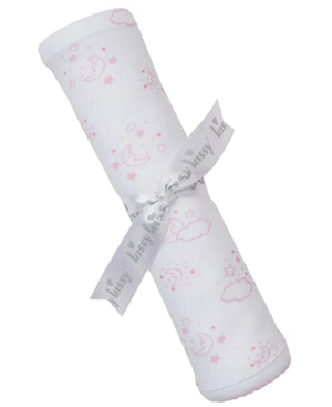 The Kissy Kissy Cheerful Good Night Printed Blanket features pink clouds, moons, and stars on white Pima cotton. This cozy baby blanket is rolled up and tied with a gray "Kissy Kissy" ribbon for your little one's comfort.