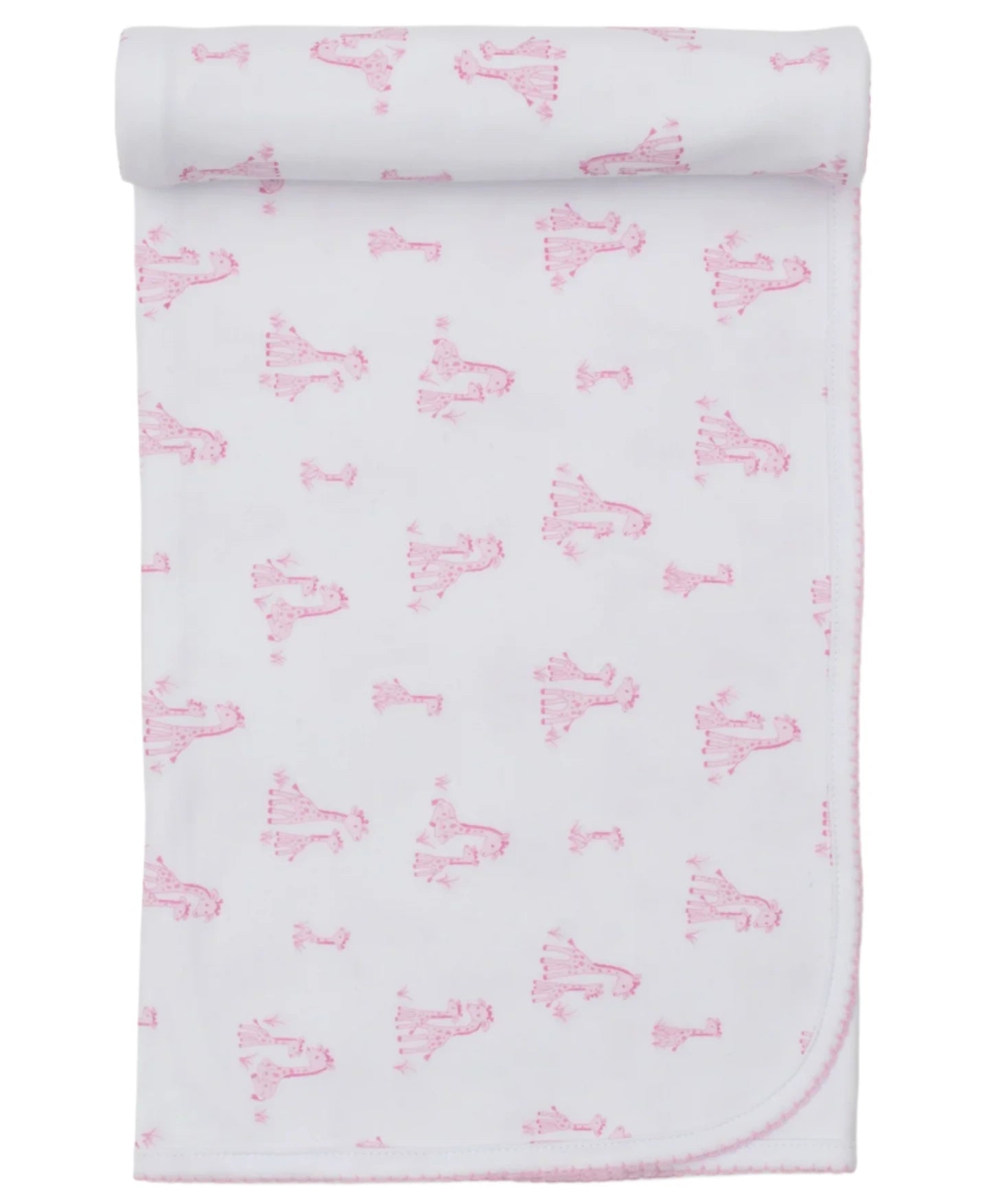 The Kissy Kissy Giraffe Grace Blanket is a white Pima cotton baby blanket featuring pink giraffe and girl illustrations, rolled at the top edge and finished with light pink stitched trim.