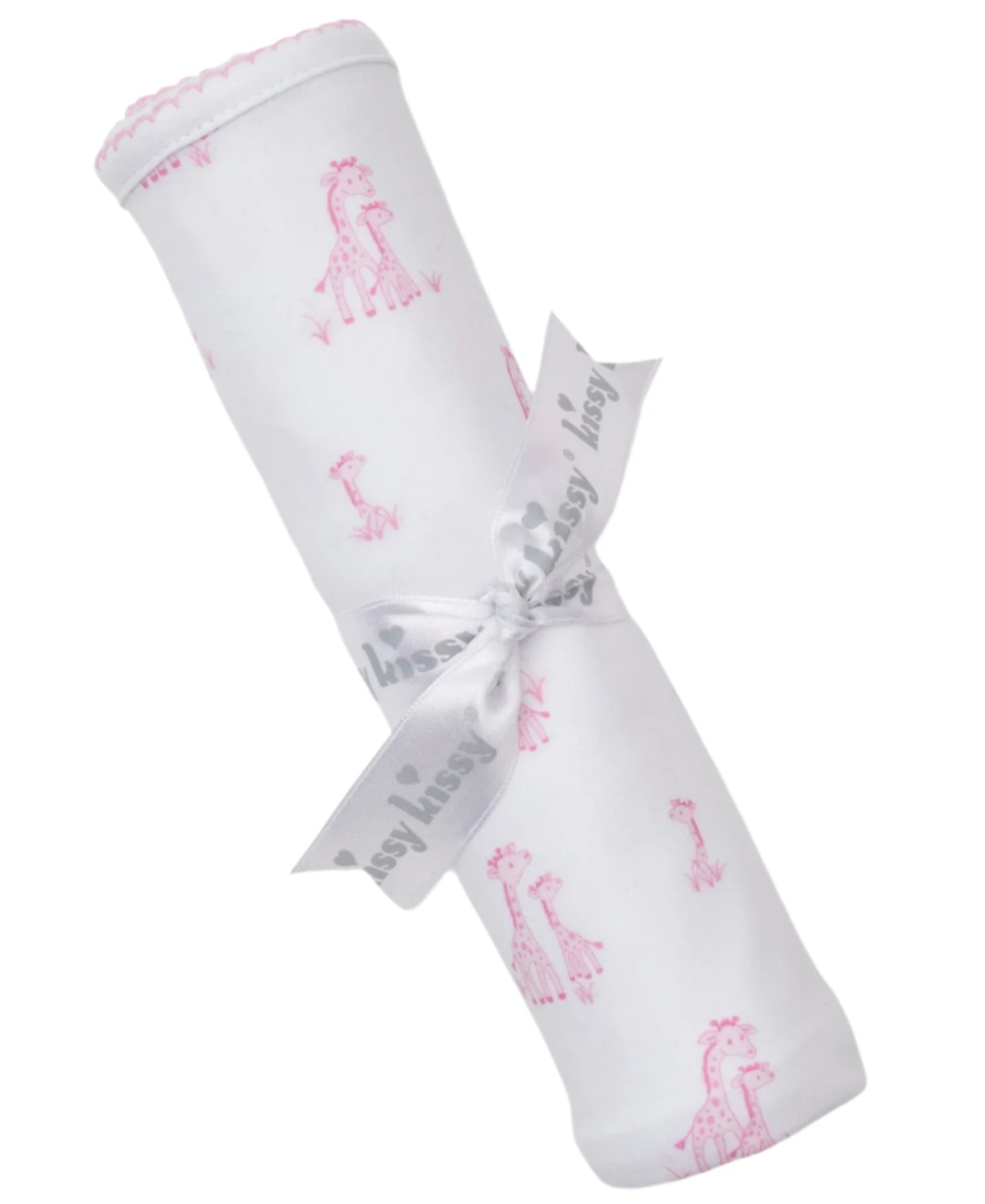 The Kissy Kissy Giraffe Grace Blanket is a white Pima cotton baby blanket with pink giraffe prints, rolled up and tied with a white "Kissy Kissy" ribbon.