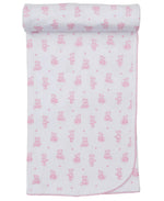 The Kissy Kissy Teddy Bear Time Printed Blanket is a white Pima cotton baby blanket with pink teddy bear and star prints, finished with pink scalloped edging, pictured rolled and partially unrolled.