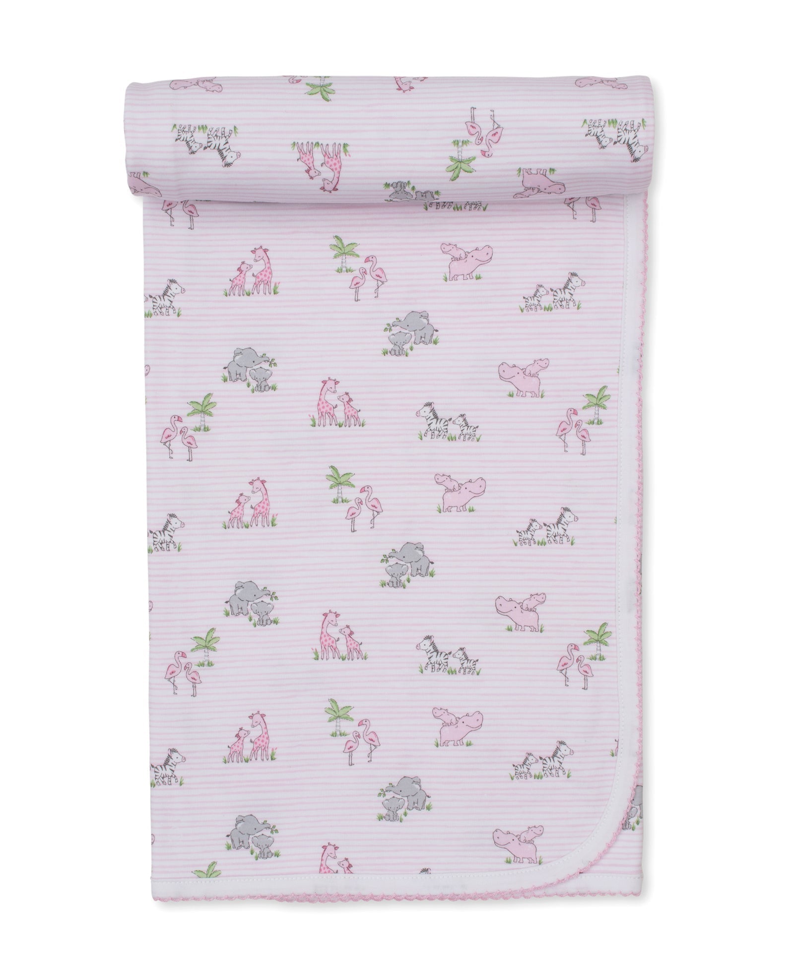 The Kissy Kissy Safari Party Blanket is crafted from ultra-soft Pima cotton in light pink, featuring delicate printed illustrations of hippos, flamingos, zebras, and palm trees with a thin striped pattern and rounded corners.