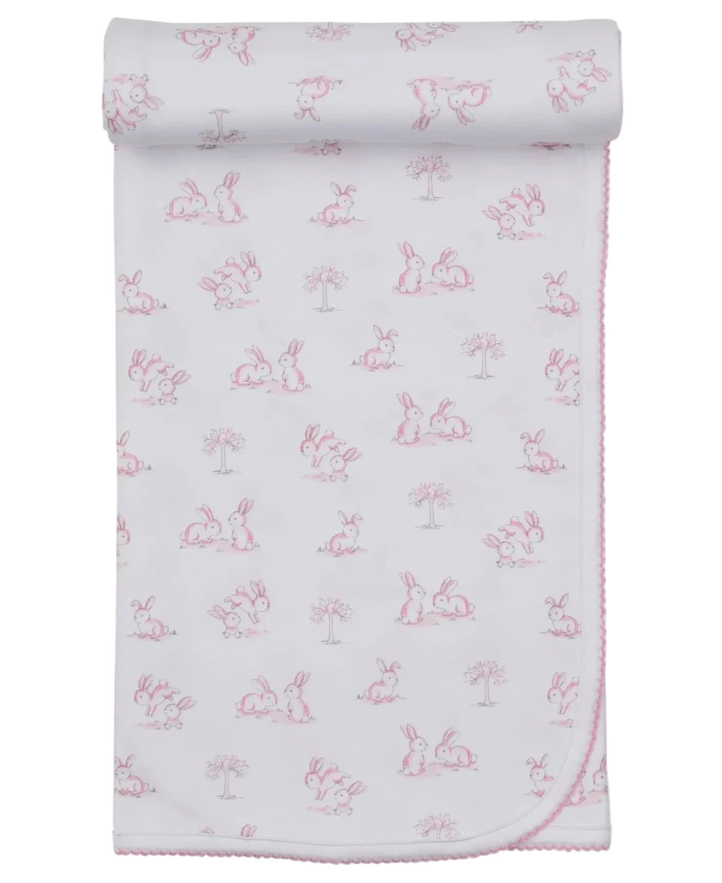 The Kissy Kissy Springtime Bunny Fun Blanket is a white Pima cotton baby blanket with pink edging and a repeating pattern of pink-outlined bunnies and small trees, shown partially rolled at the top.