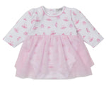 The Kissy Kissy Baby Girls' Ready to Dance Bodysuit Dress is made from soft Pima cotton with long sleeves, pink prints on a white top, and a light pink tulle skirt overlay.