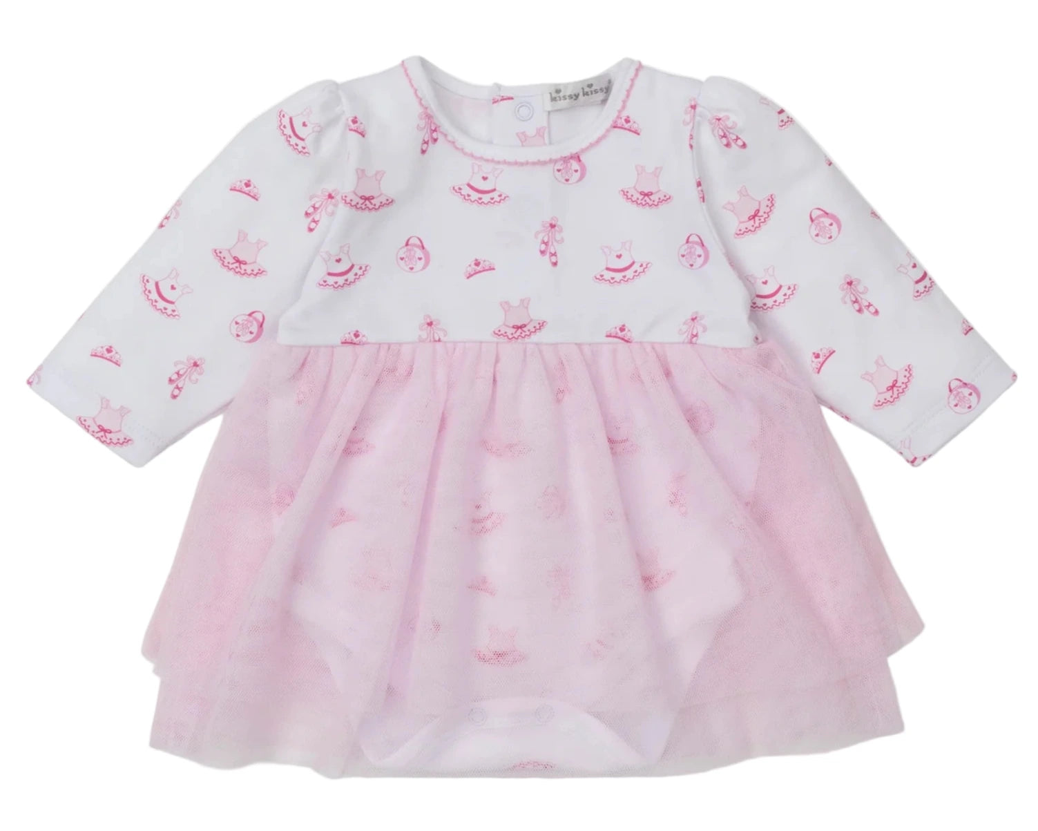 The Kissy Kissy Baby Girls' Ready to Dance Bodysuit Dress is made from soft Pima cotton with long sleeves, pink prints on a white top, and a light pink tulle skirt overlay.