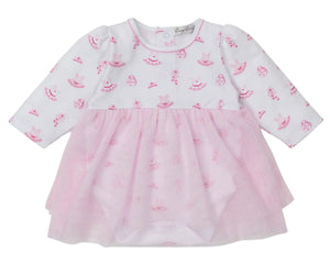 The Kissy Kissy Baby Girls' Ready to Dance Bodysuit Dress is made from soft Pima cotton with long sleeves, pink prints on a white top, and a light pink tulle skirt overlay.