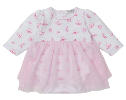 The Kissy Kissy Baby Girls' Ready to Dance Bodysuit Dress is made from soft Pima cotton with long sleeves, pink prints on a white top, and a light pink tulle skirt overlay.