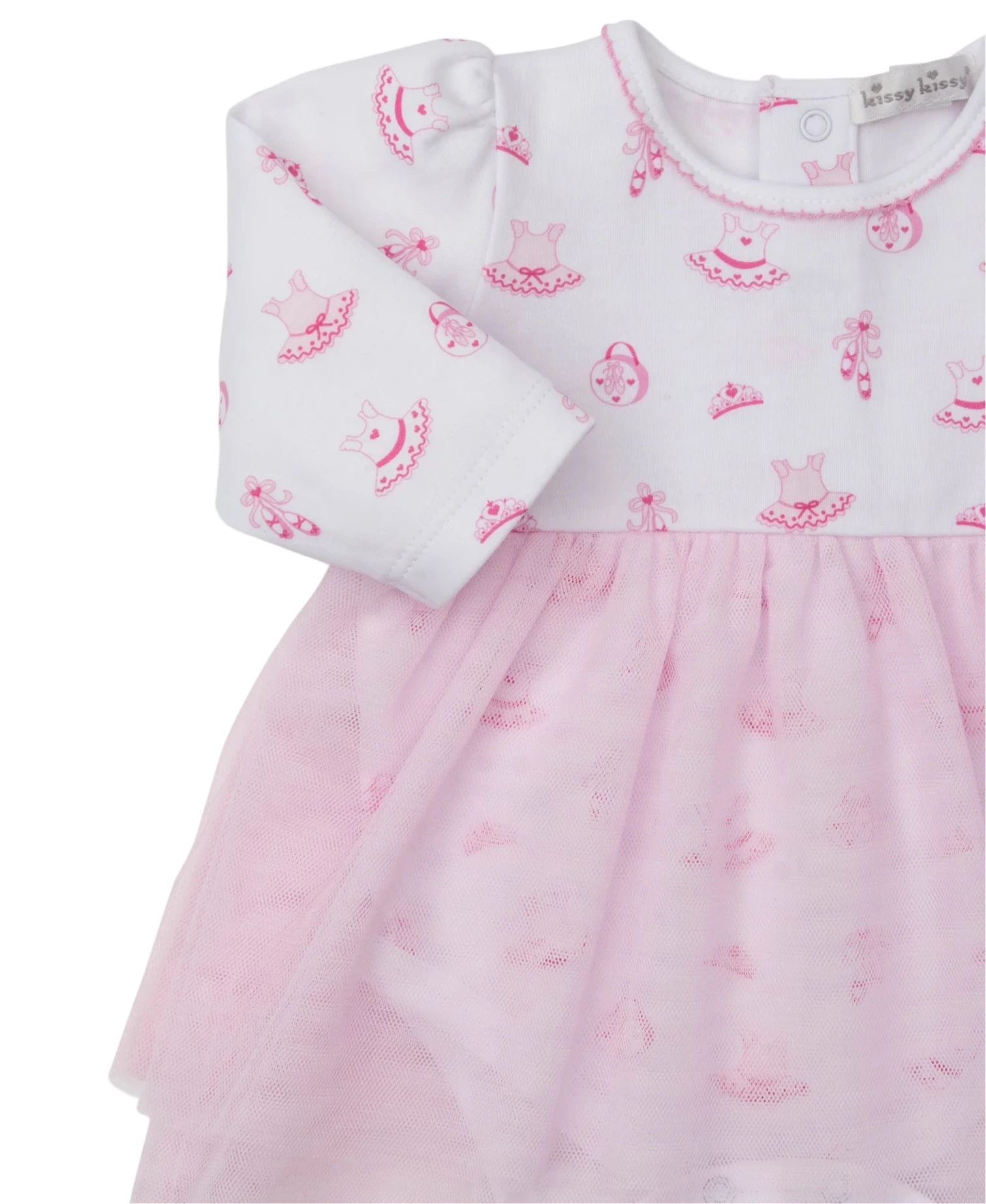 Kissy Kissy Baby Girls' Ready to Dance Bodysuit Dress features a white Pima cotton long-sleeve top with pink ballet prints and a light pink tulle skirt, offering softness and comfort for your baby girl.
