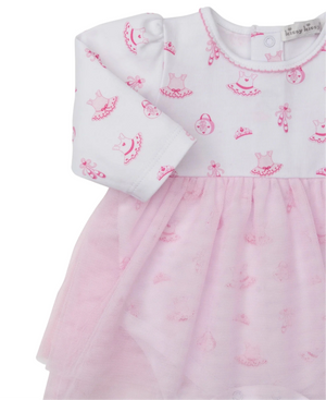Kissy Kissy Baby Girls' Ready to Dance Bodysuit Dress features a white Pima cotton long-sleeve top with pink ballet prints and a light pink tulle skirt, offering softness and comfort for your baby girl.