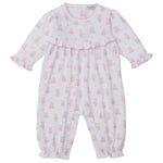 The Kissy Kissy Baby Teddy Bear Time Printed Playsuit features soft Pima cotton, long sleeves, ruffled collar and cuffs, and a sweet pink teddy bear print—perfect for your little one.