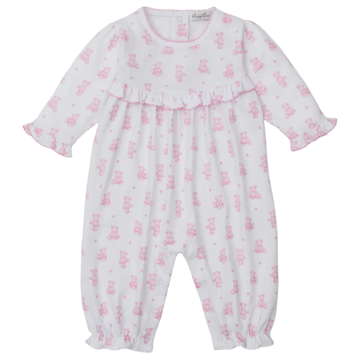 The Kissy Kissy Baby Teddy Bear Time Printed Playsuit features soft Pima cotton, long sleeves, ruffled collar and cuffs, and a sweet pink teddy bear print—perfect for your little one.