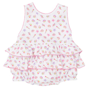 The Kissy Kissy Baby Girls' Sea Shell Magic Bubble is a sleeveless Pima cotton romper with three ruffled tiers, pastel seashell and starfish print on white, and pink trim—perfect for comfort and seaside dreams.