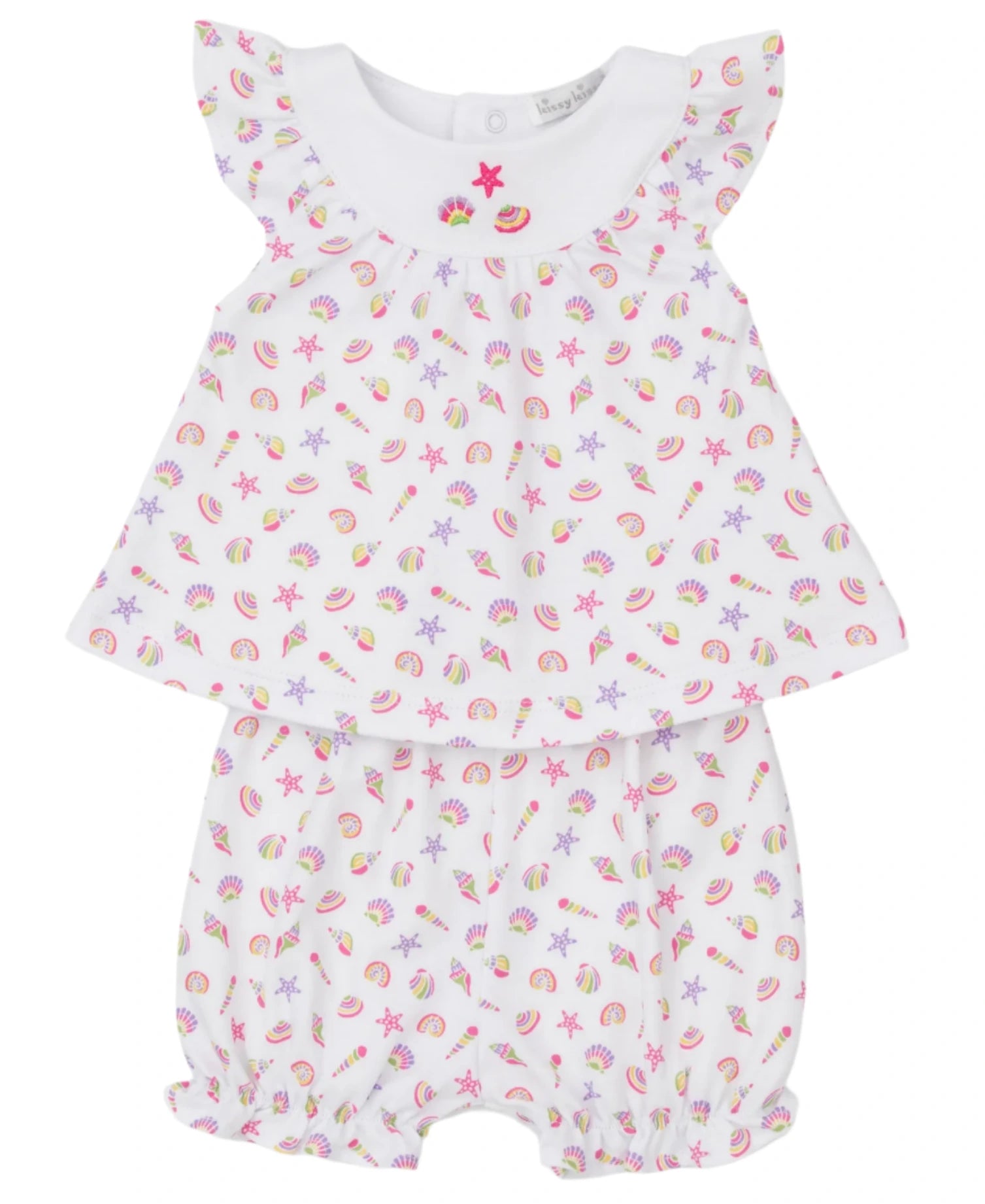 The Kissy Kissy Baby Girls' Sea Shell Magic Sunsuit Set features a white Pima cotton outfit with ruffled sleeves, decorated in colorful seashell and starfish prints; includes a matching top and bloomers.