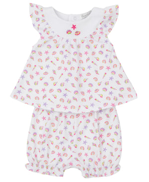 The Kissy Kissy Baby Girls' Sea Shell Magic Sunsuit Set features a white Pima cotton outfit with ruffled sleeves, decorated in colorful seashell and starfish prints; includes a matching top and bloomers.