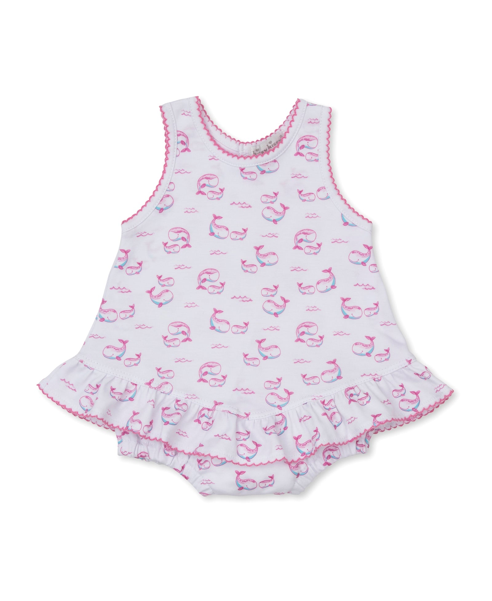 The Kissy Kissy Baby Girls' Whale Pods Bubble is a sleeveless romper made from soft Pima cotton, adorned with a charming pink whale pods print, ruffled skirt, and pink trim at the edges, shown laid flat on a white background.