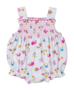 Dress your little one in the Kissy Kissy Baby Girls' Printed Ocean Antics Bubble—a white romper adorned with pink smocking and a playful print featuring colorful sea creatures like whales, crabs, and fish—perfect for your baby girl.