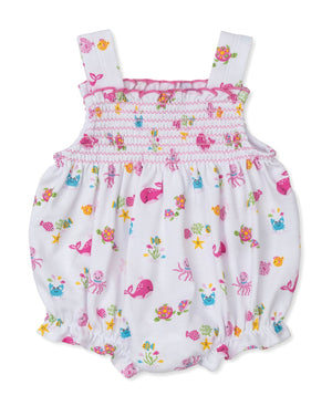 Dress your little one in the Kissy Kissy Baby Girls' Printed Ocean Antics Bubble—a white romper adorned with pink smocking and a playful print featuring colorful sea creatures like whales, crabs, and fish—perfect for your baby girl.