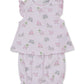 The Kissy Kissy Baby Girls’ Safari Party Sunsuit Set features pink and white stripes with ruffled sleeves and coordinating shorts, adorned with a charming safari party print of elephants, giraffes, hippos, and zebras.